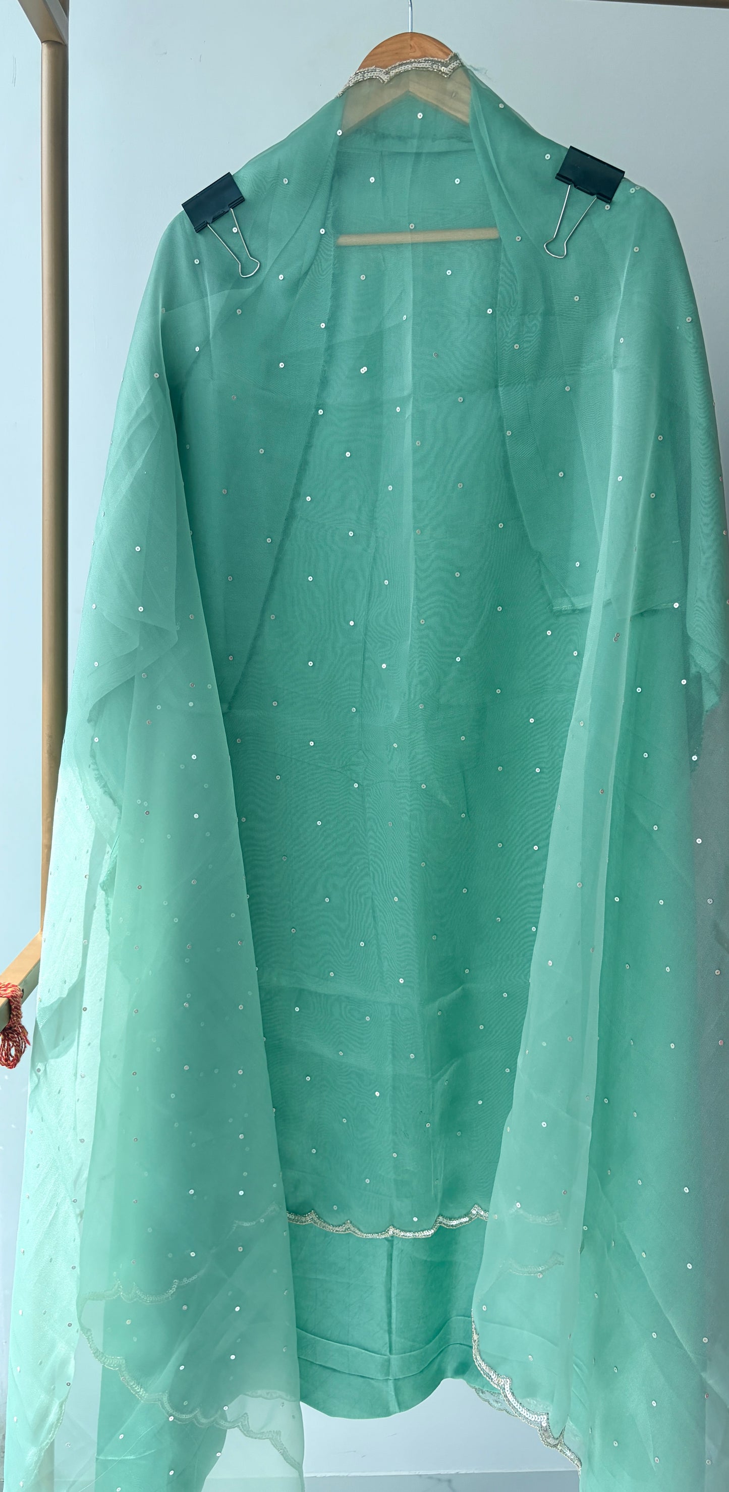 Green Embellished Tissue Semi Stitched Suit