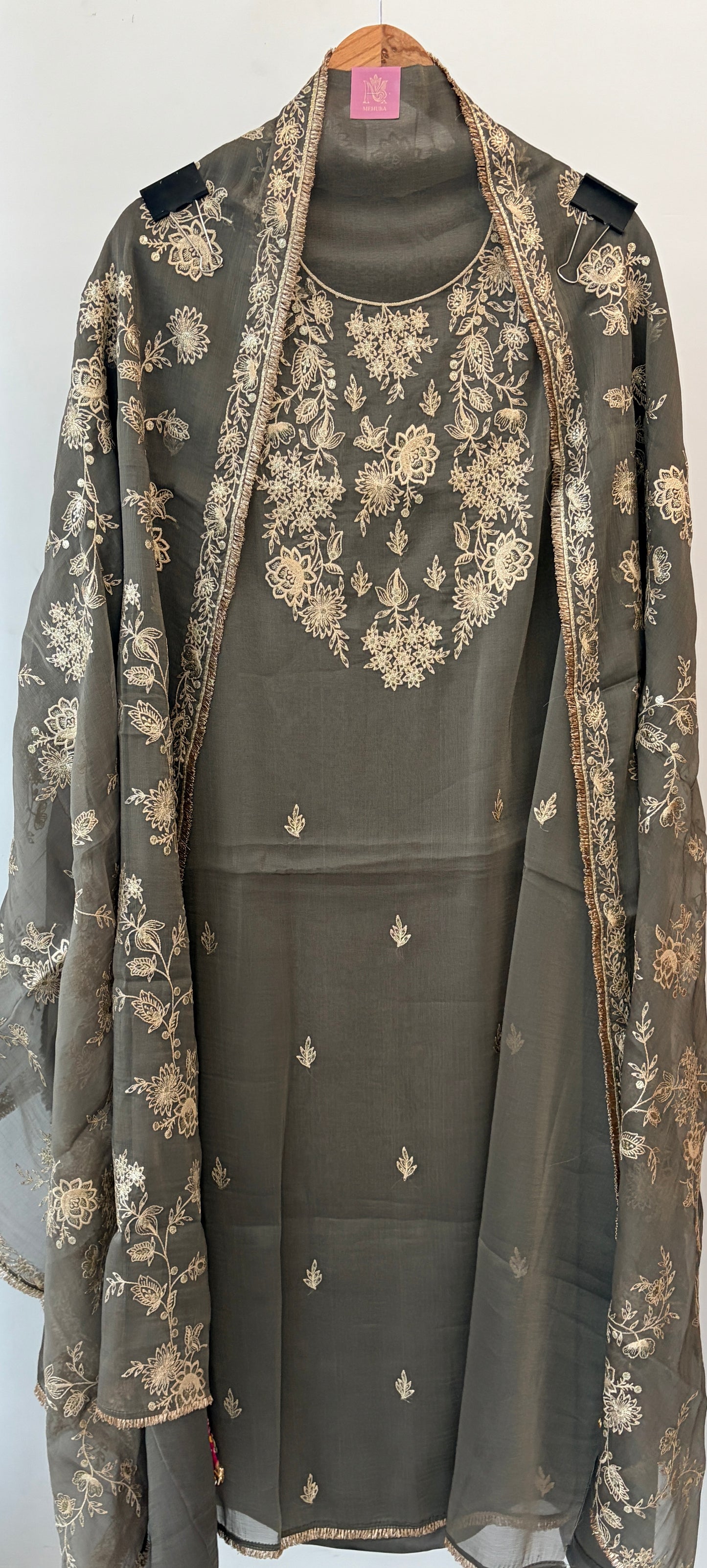 Grey Glass Tissue Embroidered Unstitched Suit