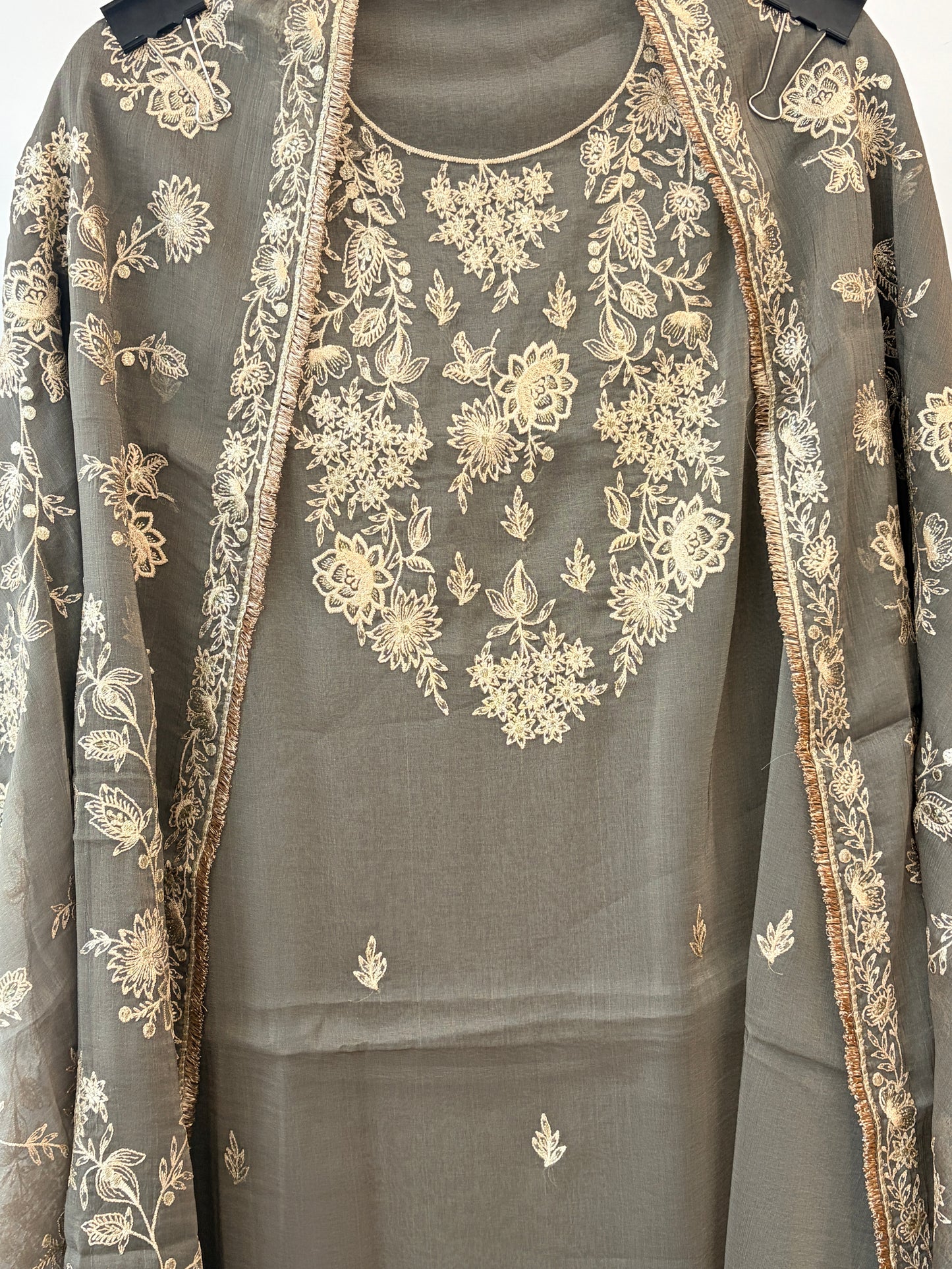 Grey Glass Tissue Embroidered Unstitched Suit
