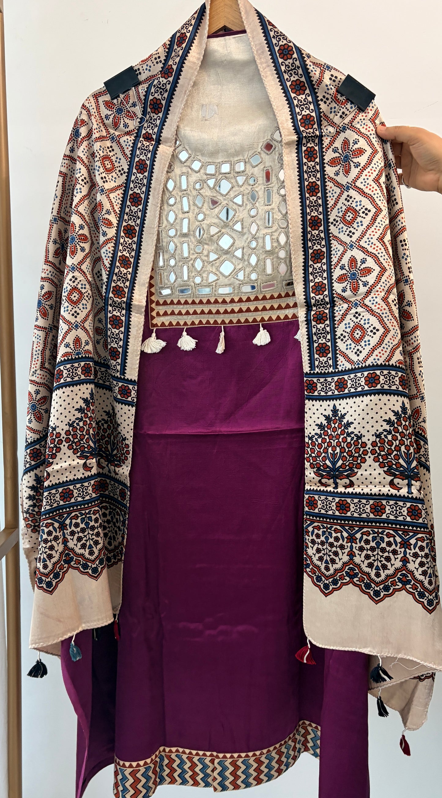 Wine Mirror Work Gajji Silk Unstitched Suit