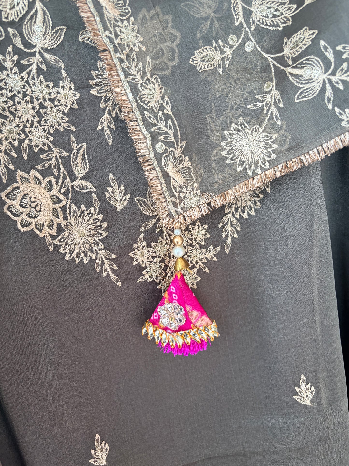 Grey Glass Tissue Embroidered Unstitched Suit