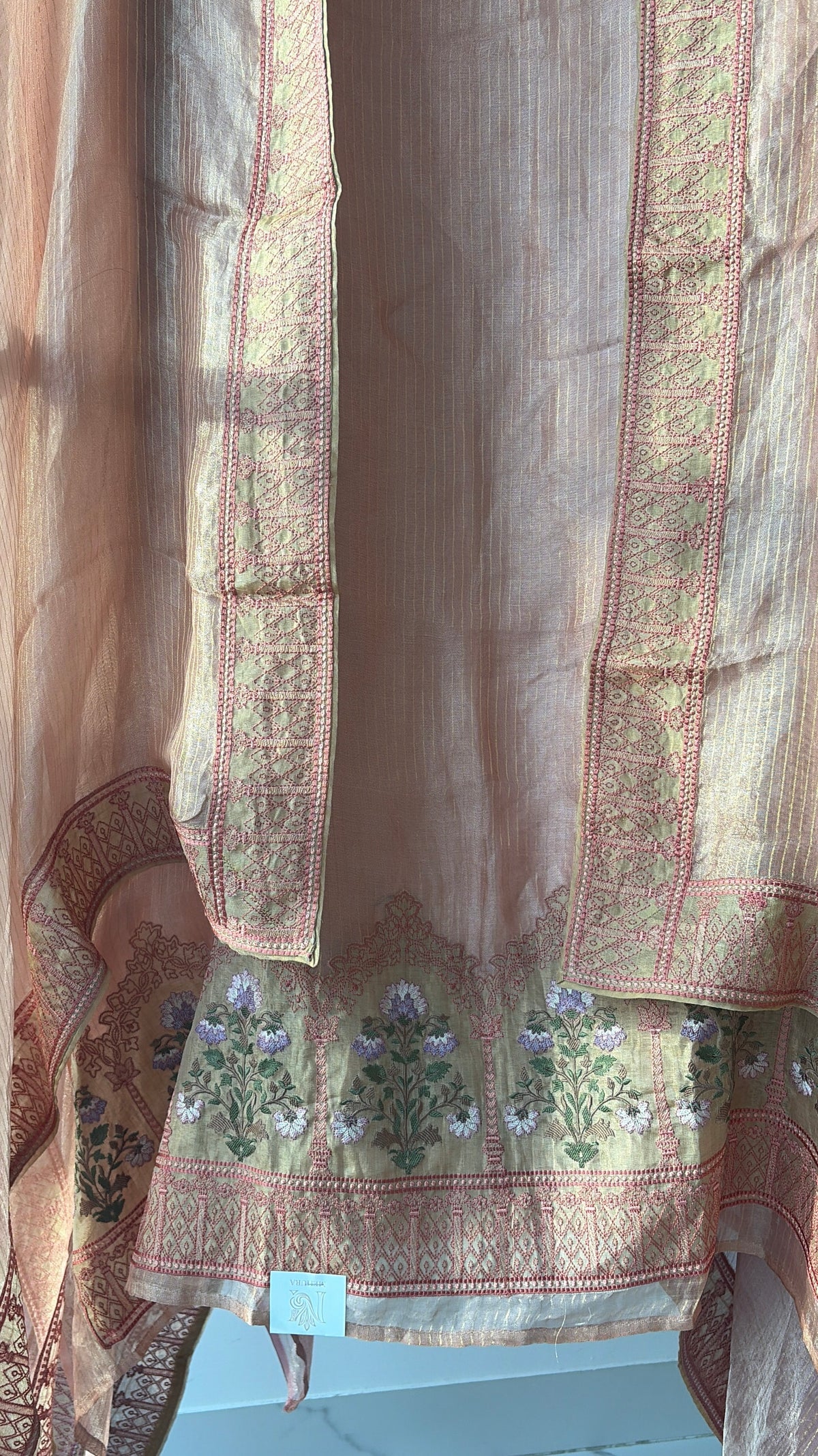 Peach Tissue Embroidered Unstitched Suit