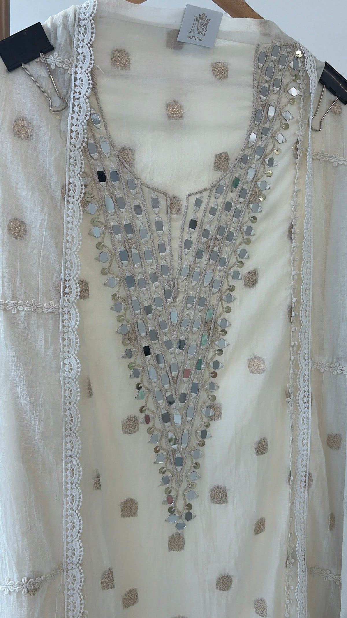 White Mulmul Mirror Work Semi Stitched Suit