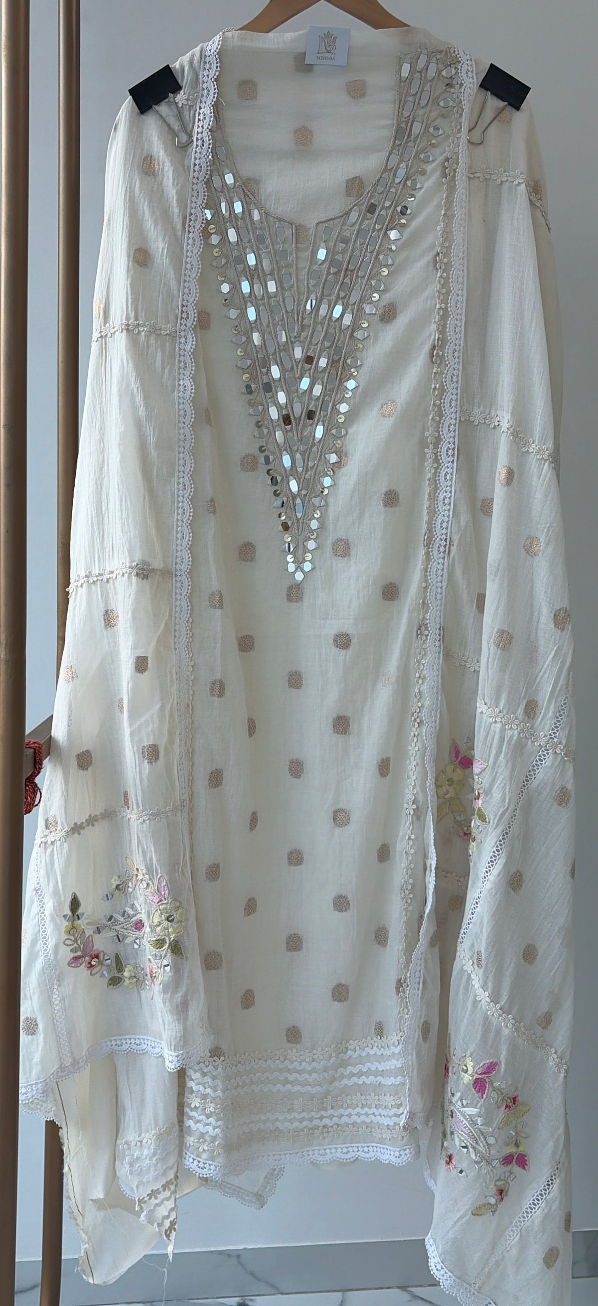 White Mulmul Mirror Work Semi Stitched Suit
