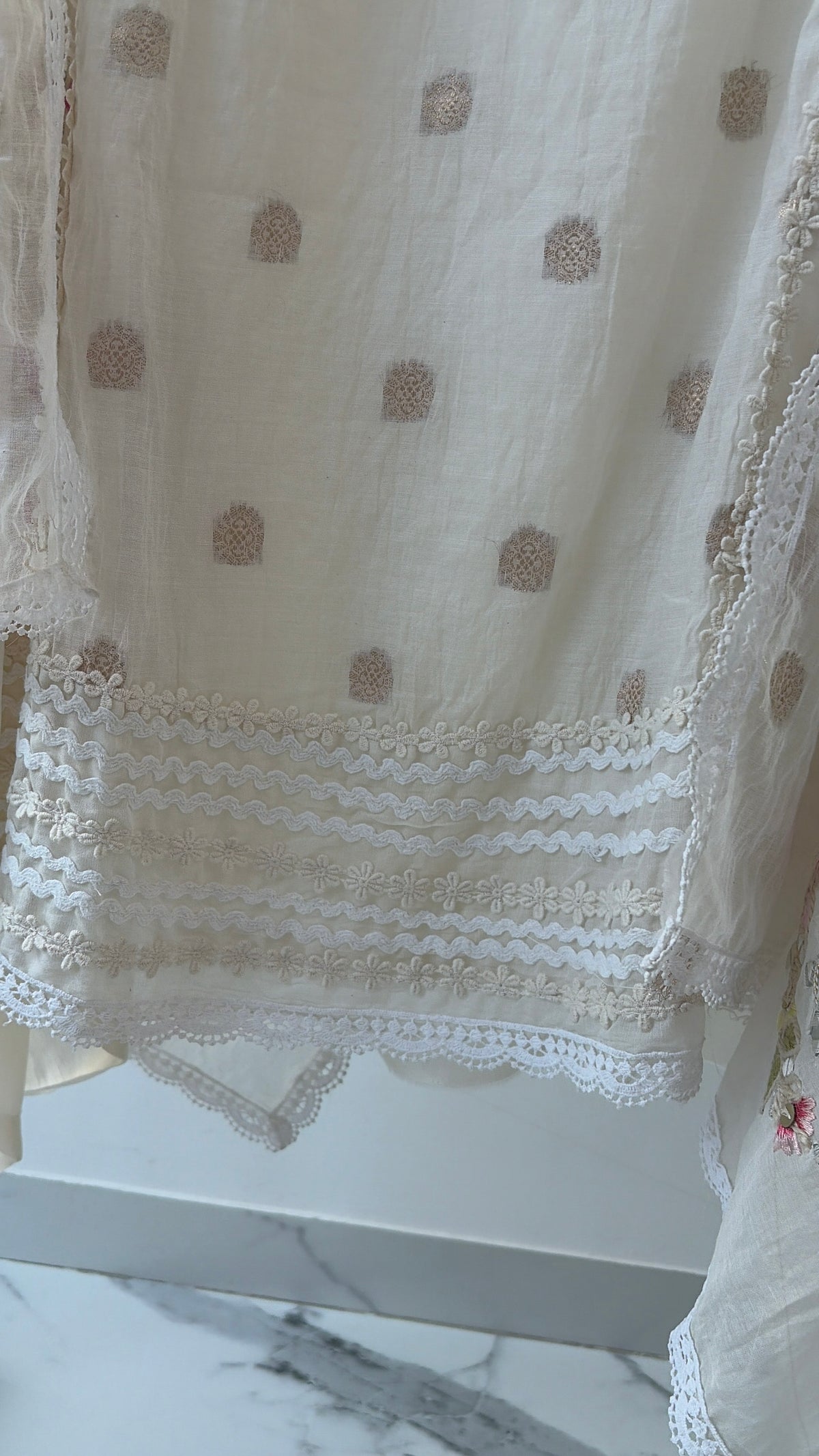 White Mulmul Mirror Work Semi Stitched Suit