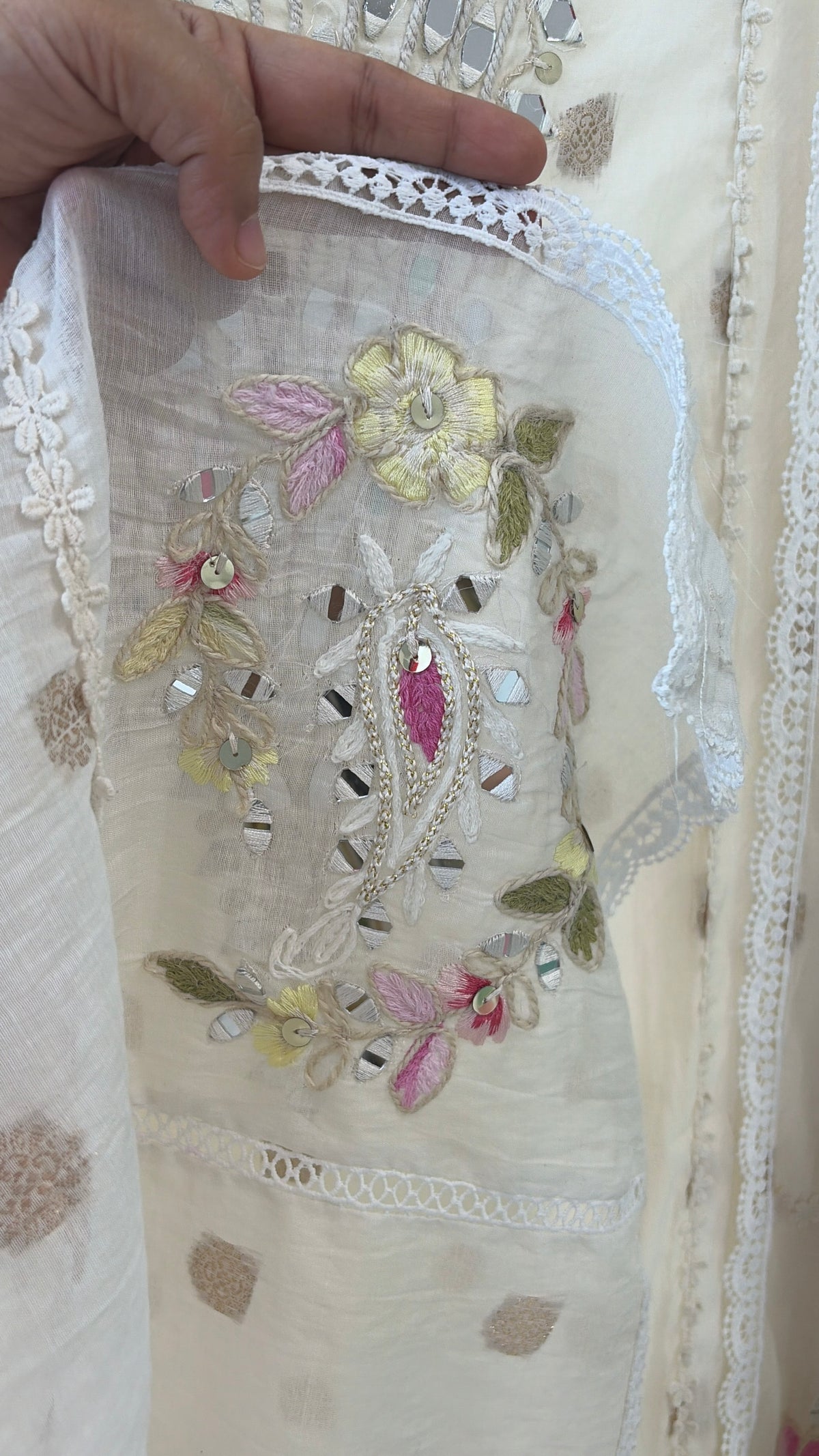 White Mulmul Mirror Work Semi Stitched Suit