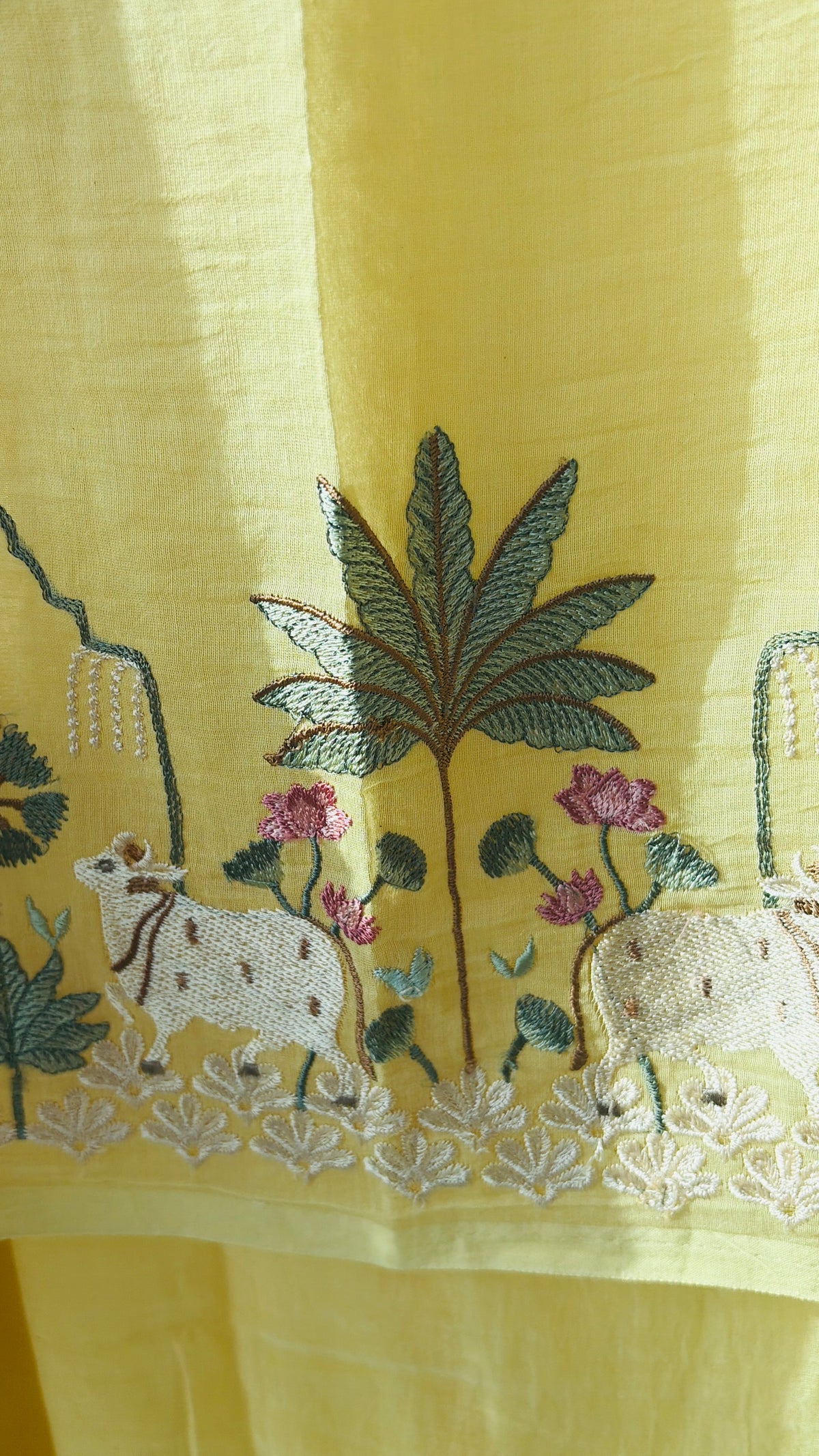Yellow Mulmul Pichwai Unstitched Suit
