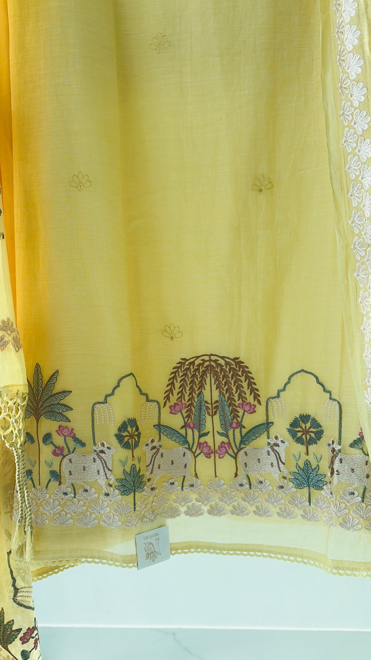 Yellow Mulmul Pichwai Unstitched Suit