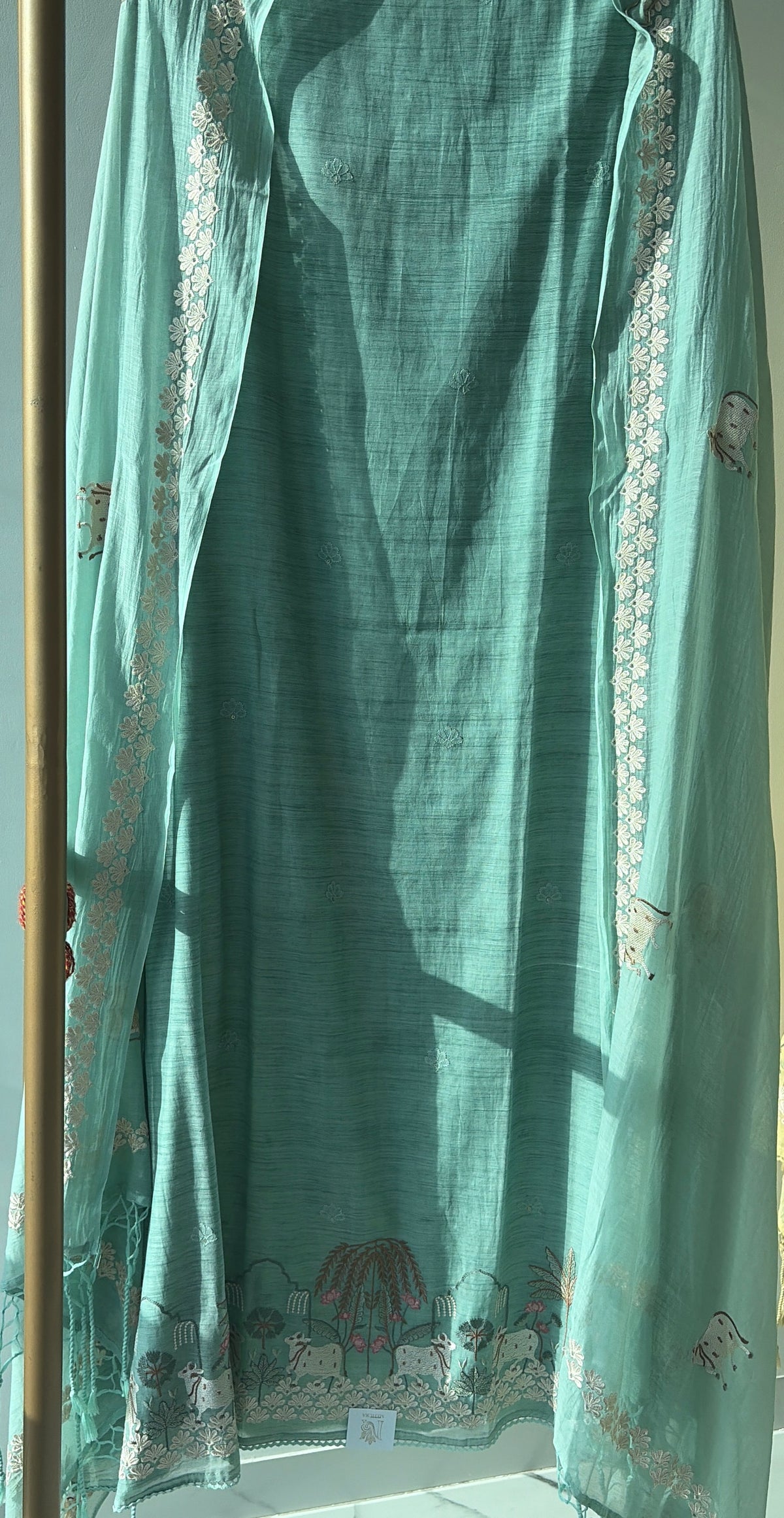 Green Mulmul Pichwai Unstitched Suit
