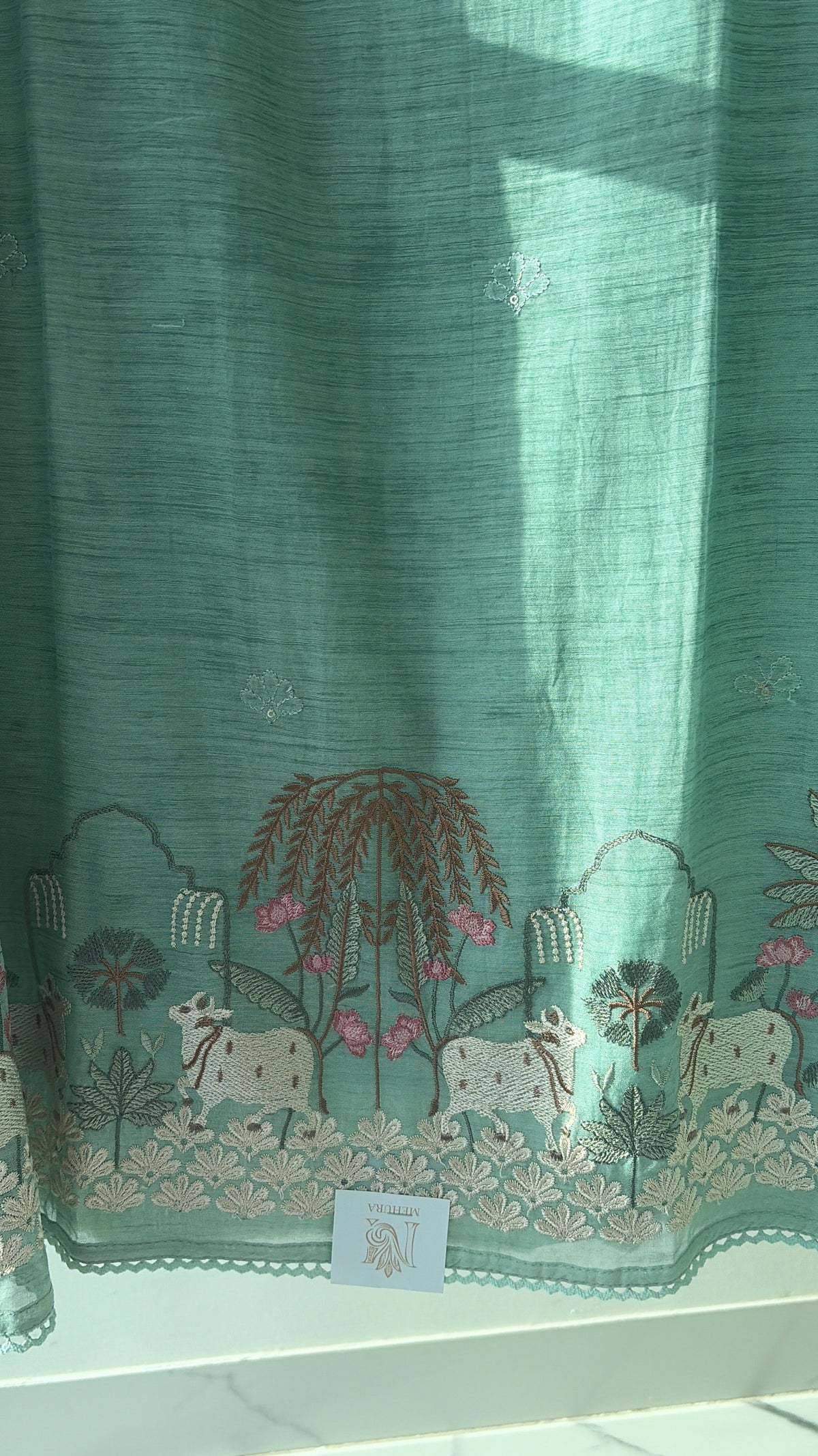 Green Mulmul Pichwai Unstitched Suit