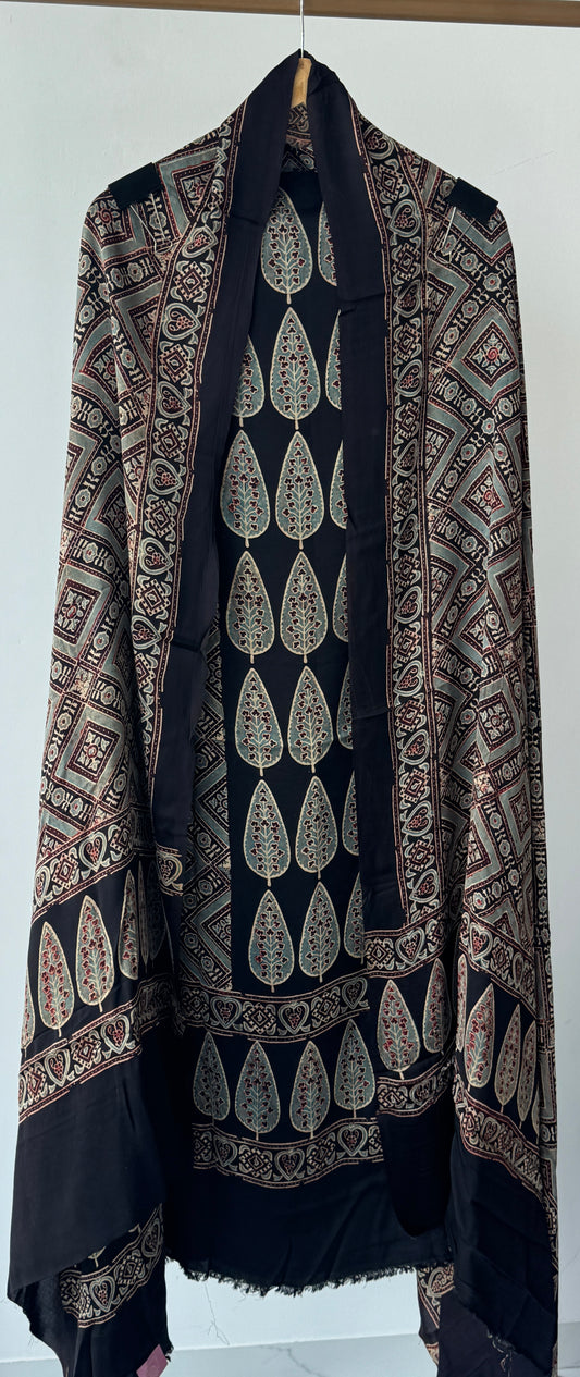 Black Ajrak Modal Silk Unstitched Suit