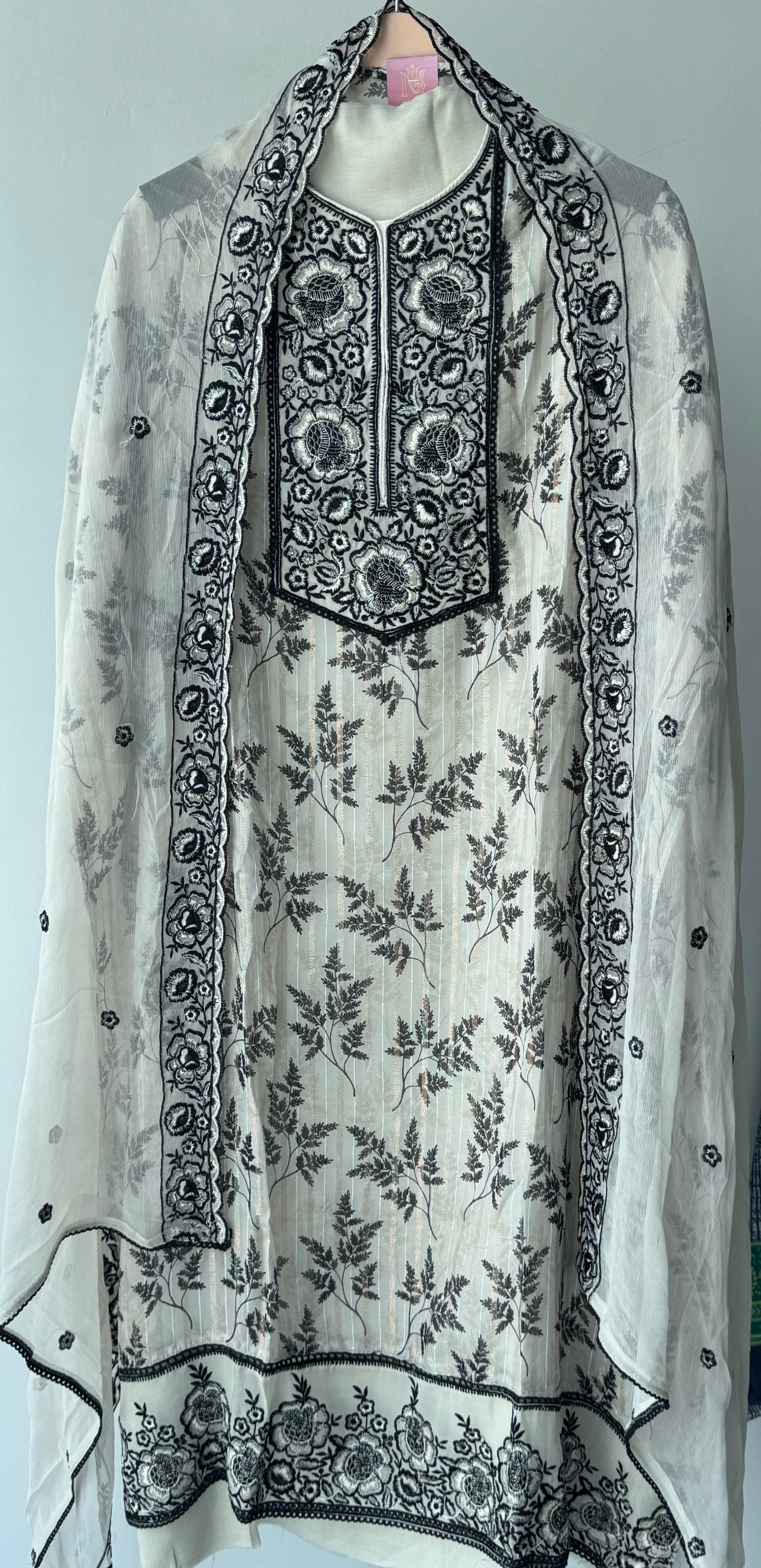 Off White Organza Semi Stitched Suit