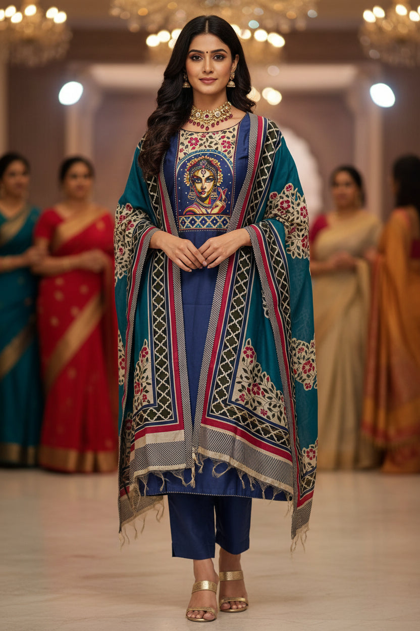 Dark Blue Dabka Work Maheshwari Silk Semi Stitched Suit