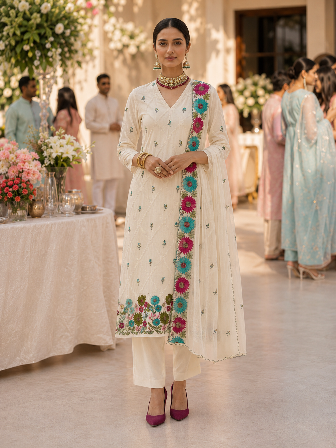Off White Mul Chanderi Semi Stitched Suit