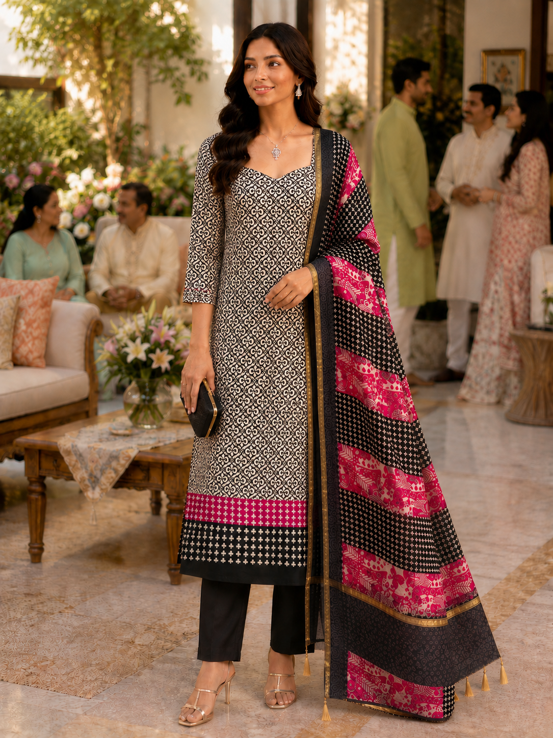Pink N Black Maheshwari Unstitched Suit