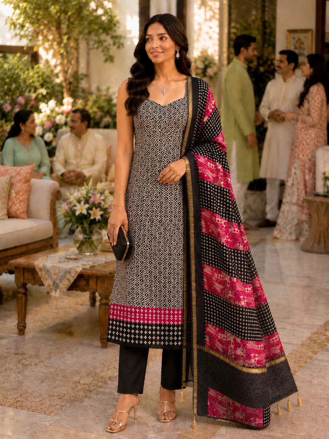 Pink N Black Maheshwari Unstitched Suit