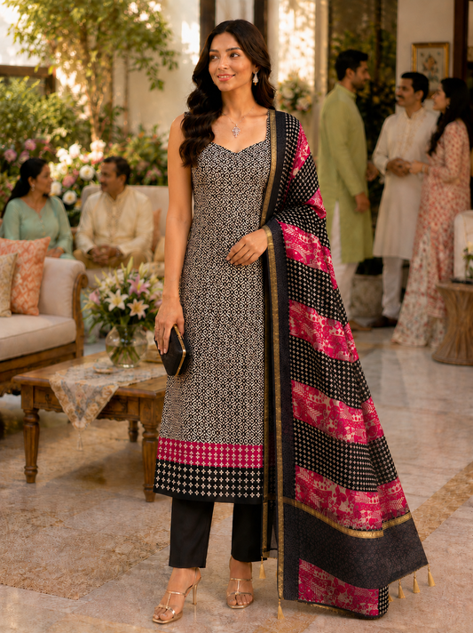 Pink N Black Maheshwari Unstitched Suit