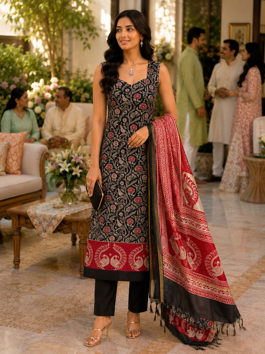 Red N Black Maheshwari Silk Unstitched Suit