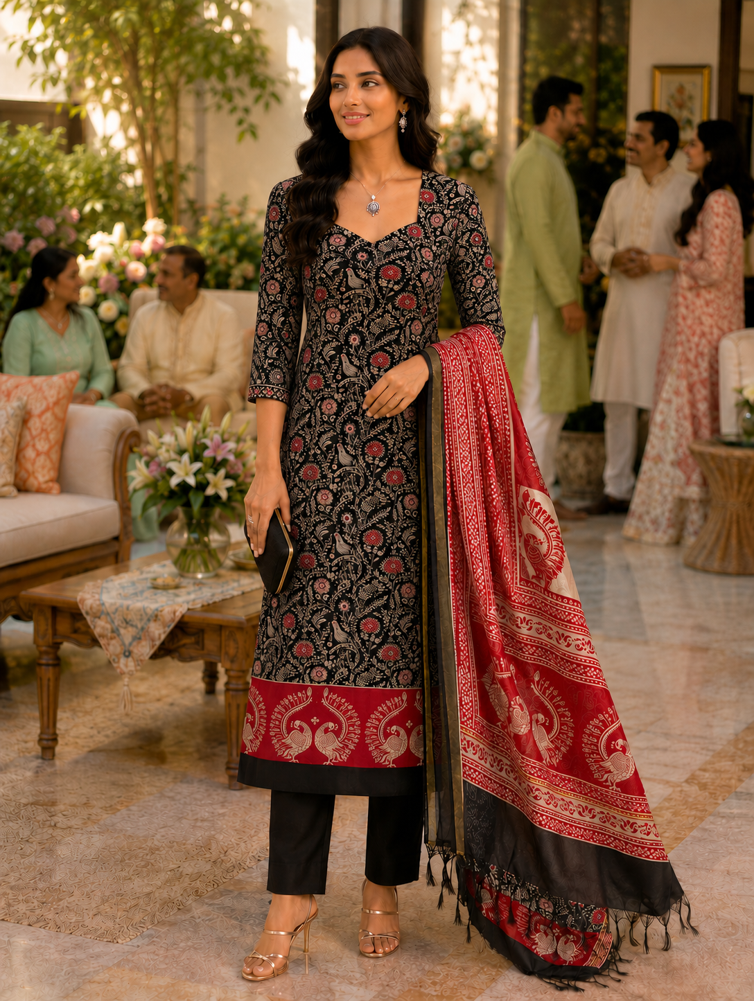 Red N Black Maheshwari Silk Unstitched Suit