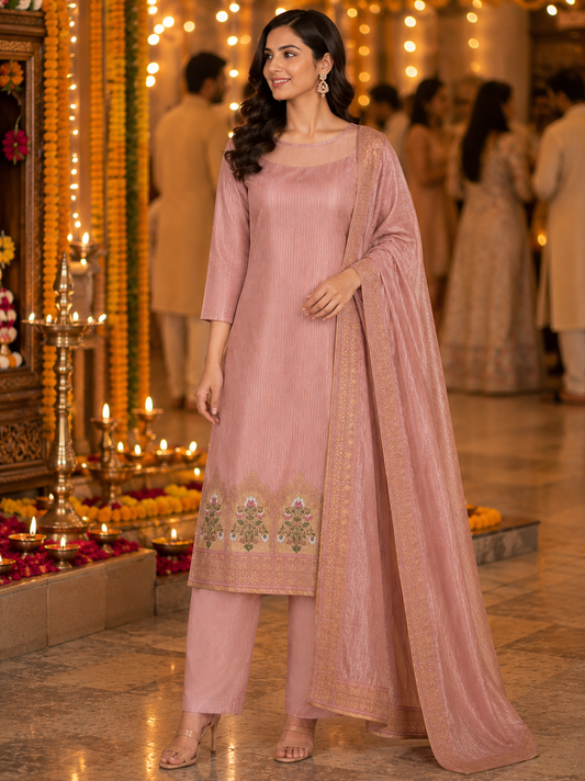 Pink Tissue Embroidered Unstitched Suit