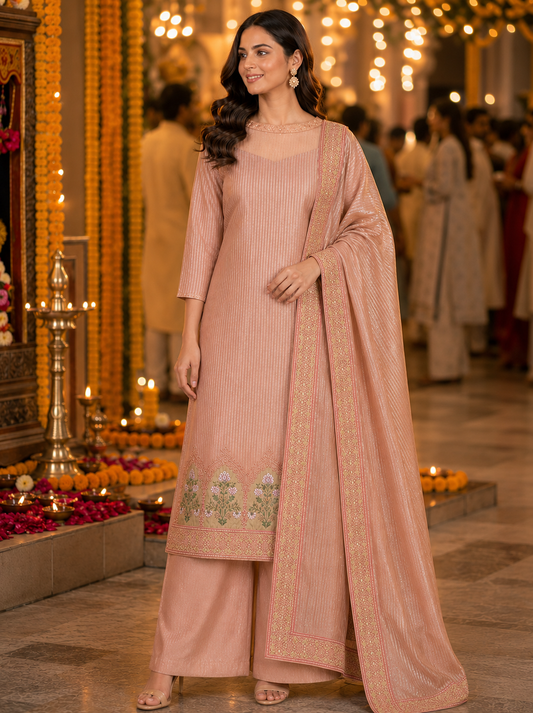 Peach Tissue Embroidered Unstitched Suit