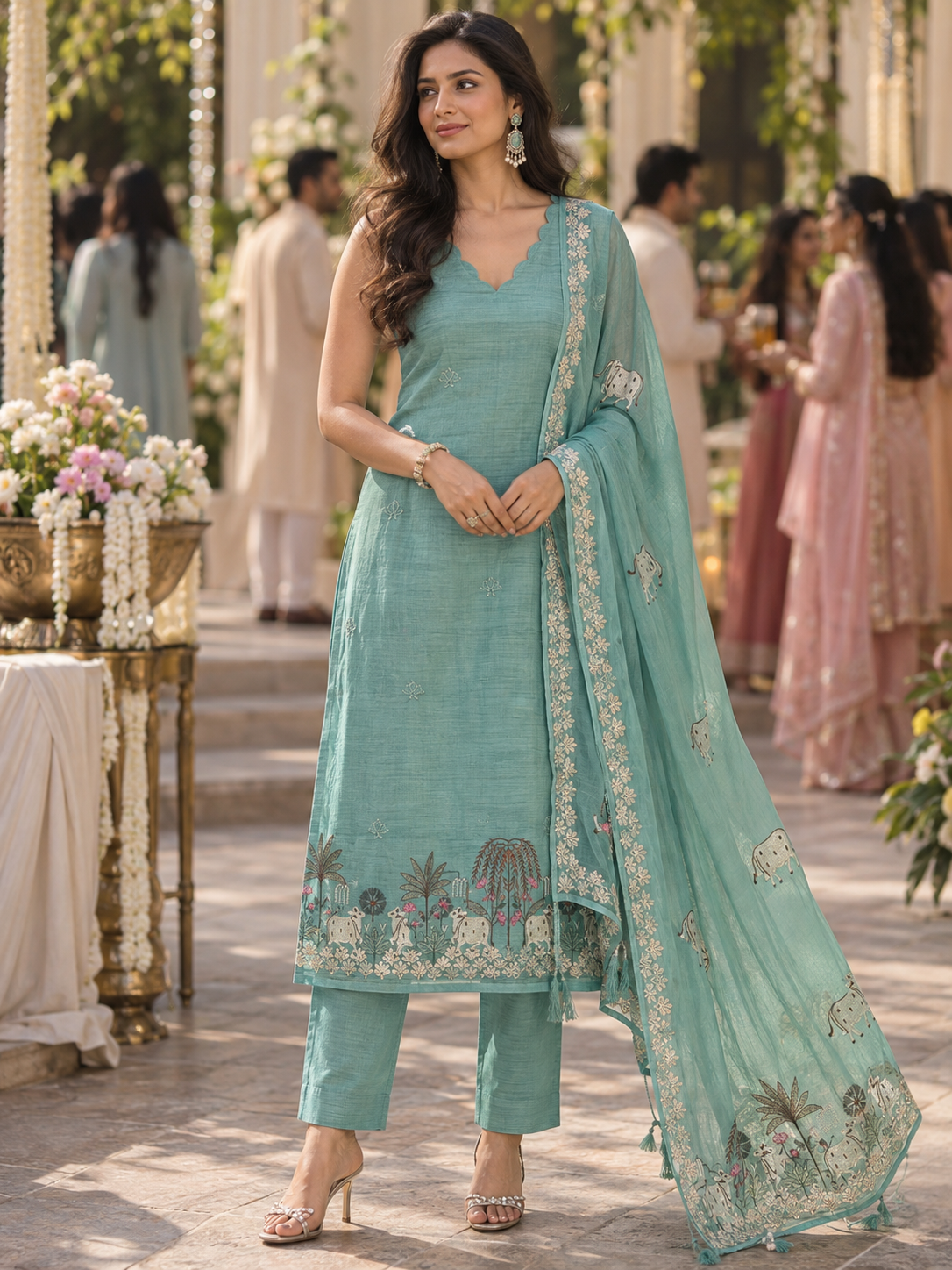 Green Mulmul Pichwai Unstitched Suit