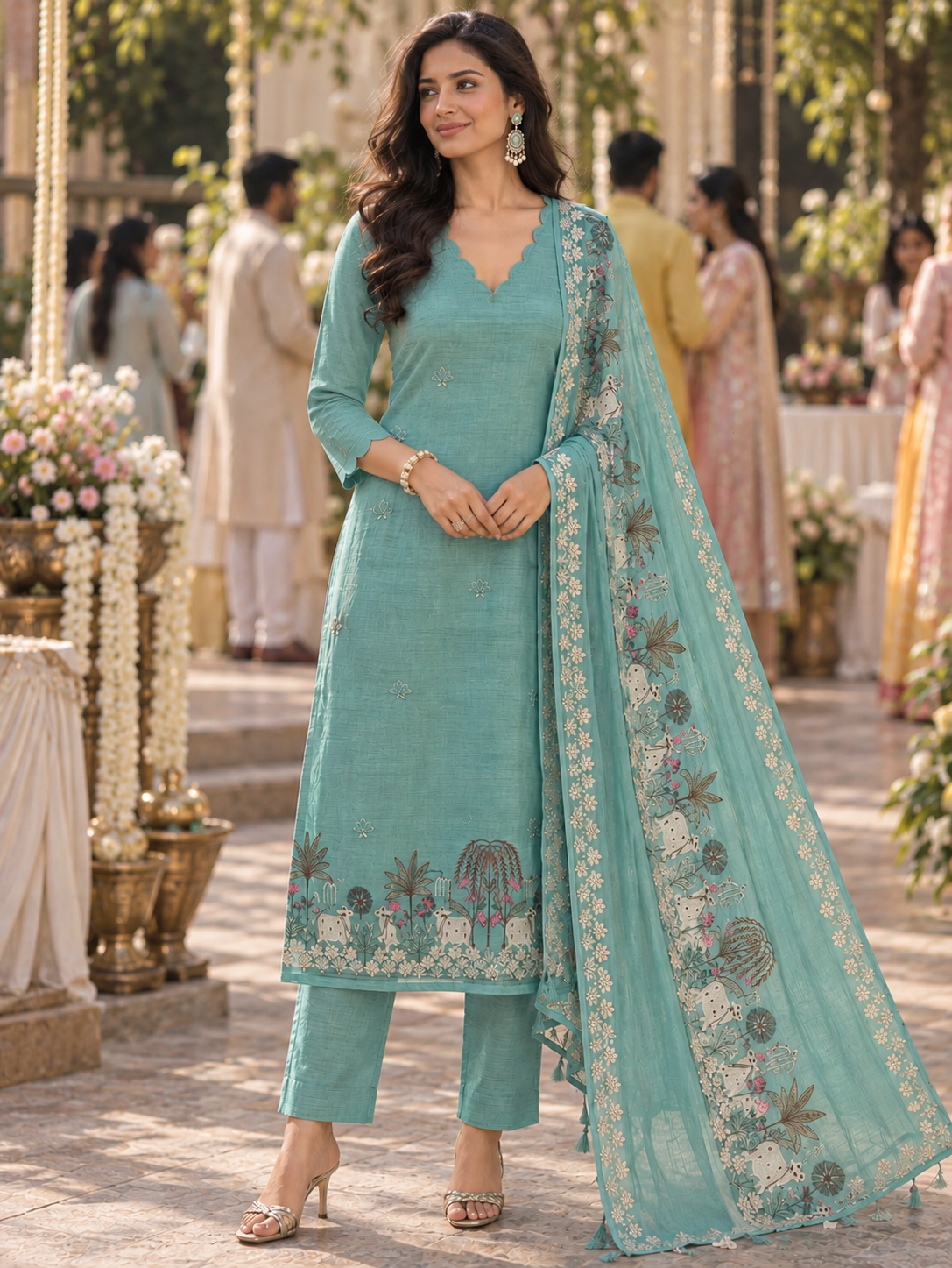 Green Mulmul Pichwai Unstitched Suit