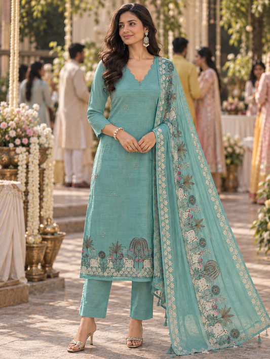 Green Mulmul Pichwai Unstitched Suit