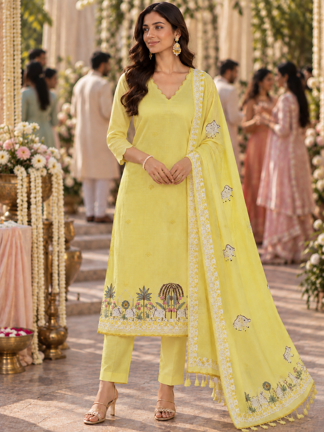 Yellow Mulmul Pichwai Unstitched Suit