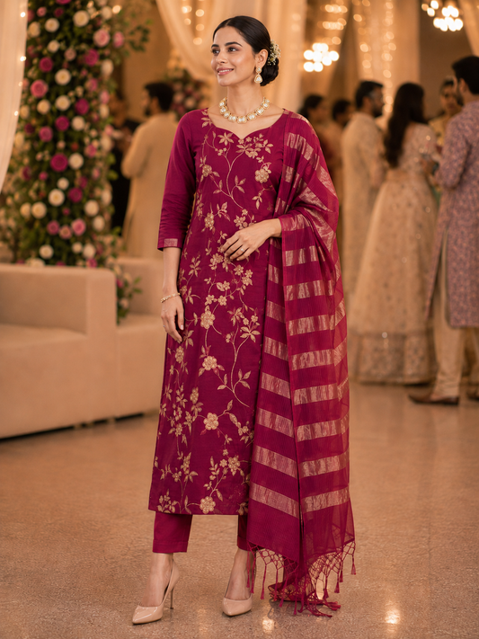 Berry Wine Mul Chanderi Unstitched Suit