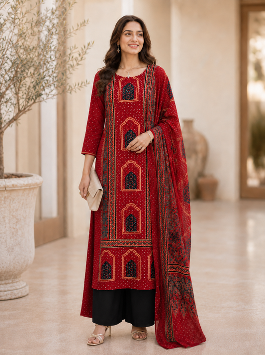 Maroon Ajrak Modal Silk Unstitched Suit