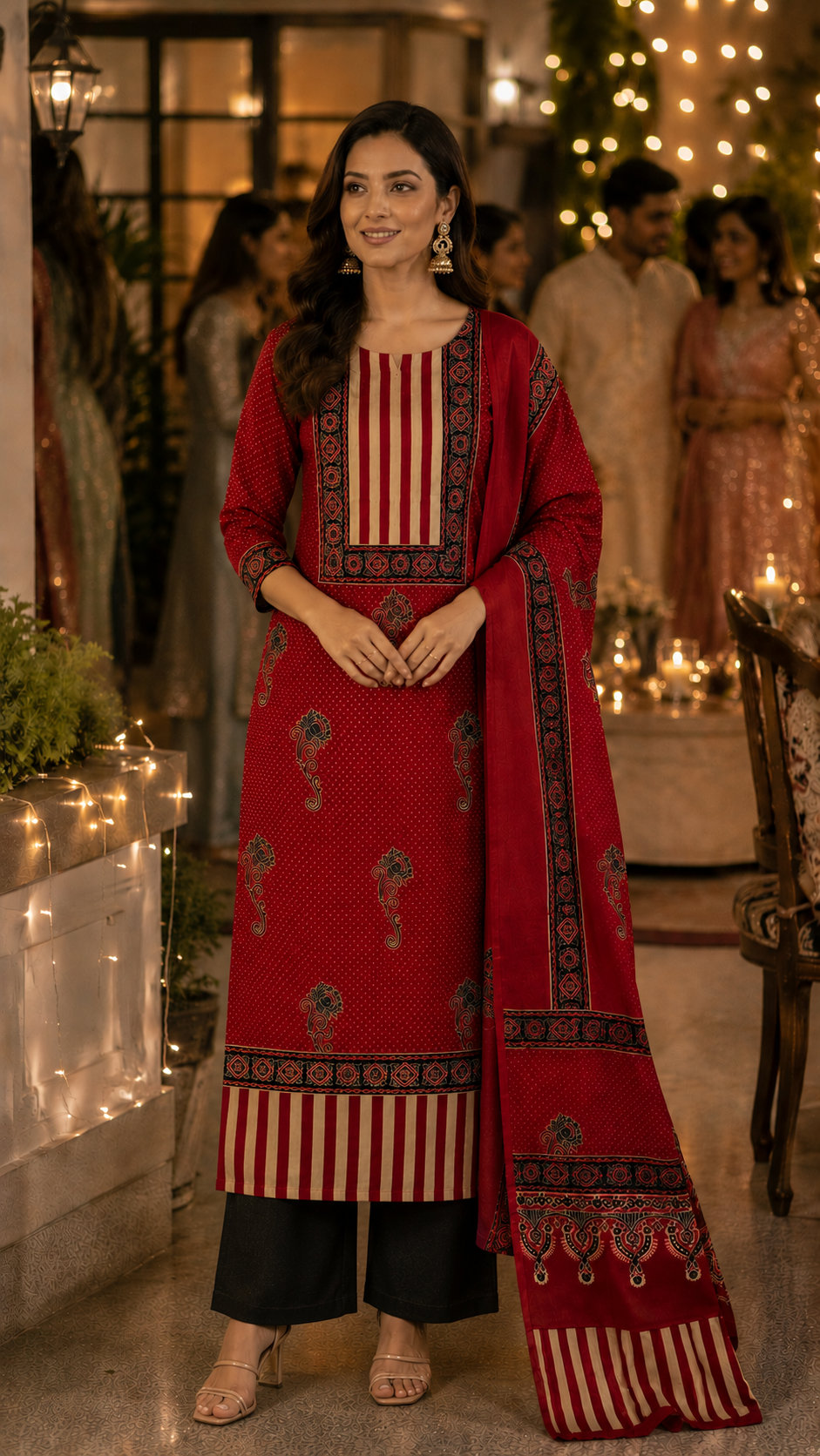 Maroon Ajrak Modal Silk Unstitched Suit