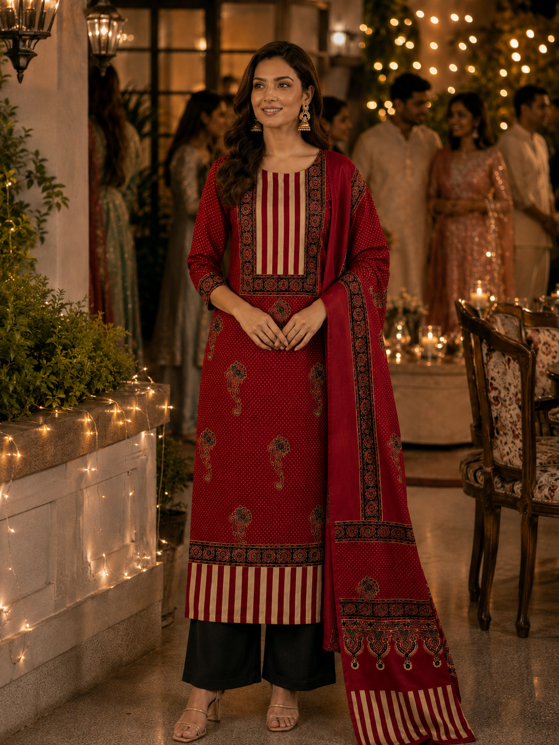 Maroon Ajrak Modal Silk Unstitched Suit