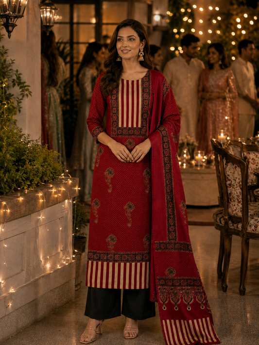 Maroon Ajrak Modal Silk Unstitched Suit