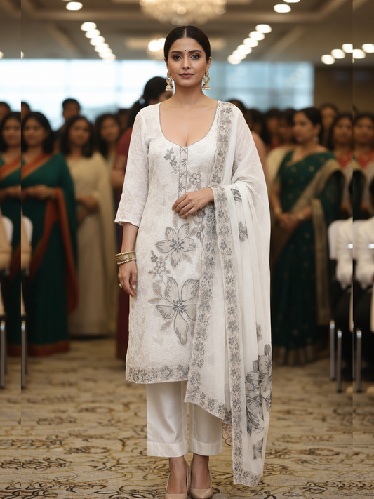 Off White Applique Organza Semi Stitched Suit