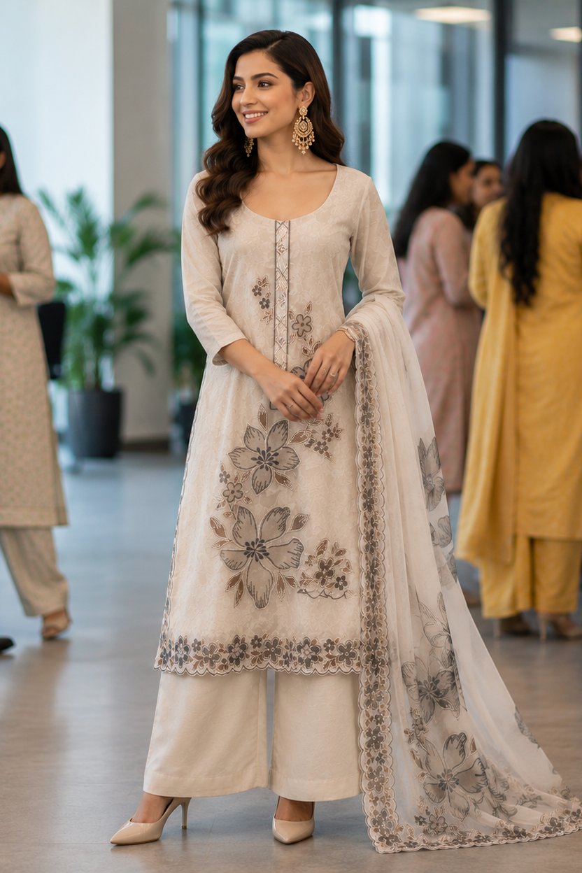 Off White Applique Organza Semi Stitched Suit