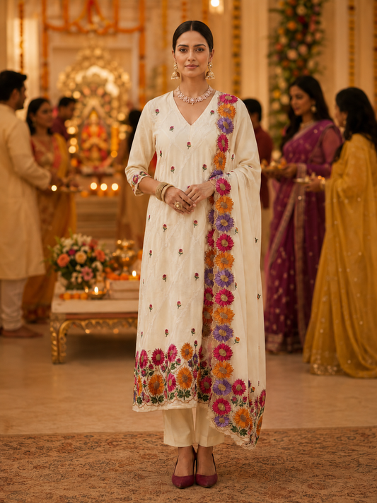 Off White Mul Chanderi Semi Stitched Suit