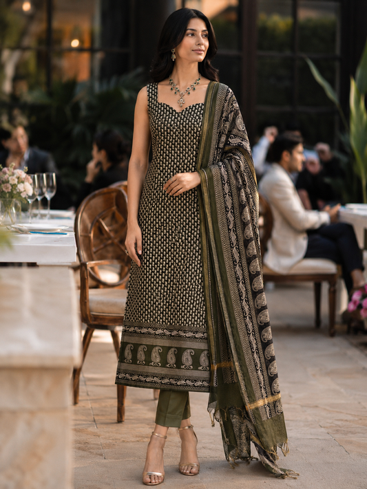 Olive Green Maheshwari Unstitched Suit