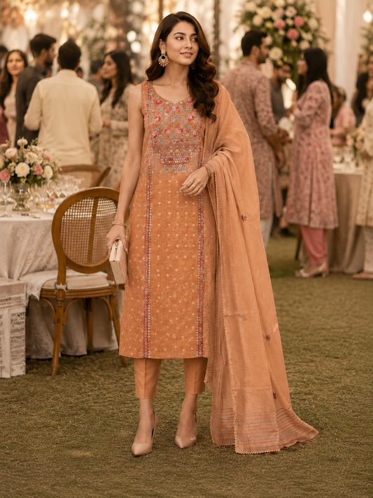 Brown Knot Chanderi Semi Stitched Suit