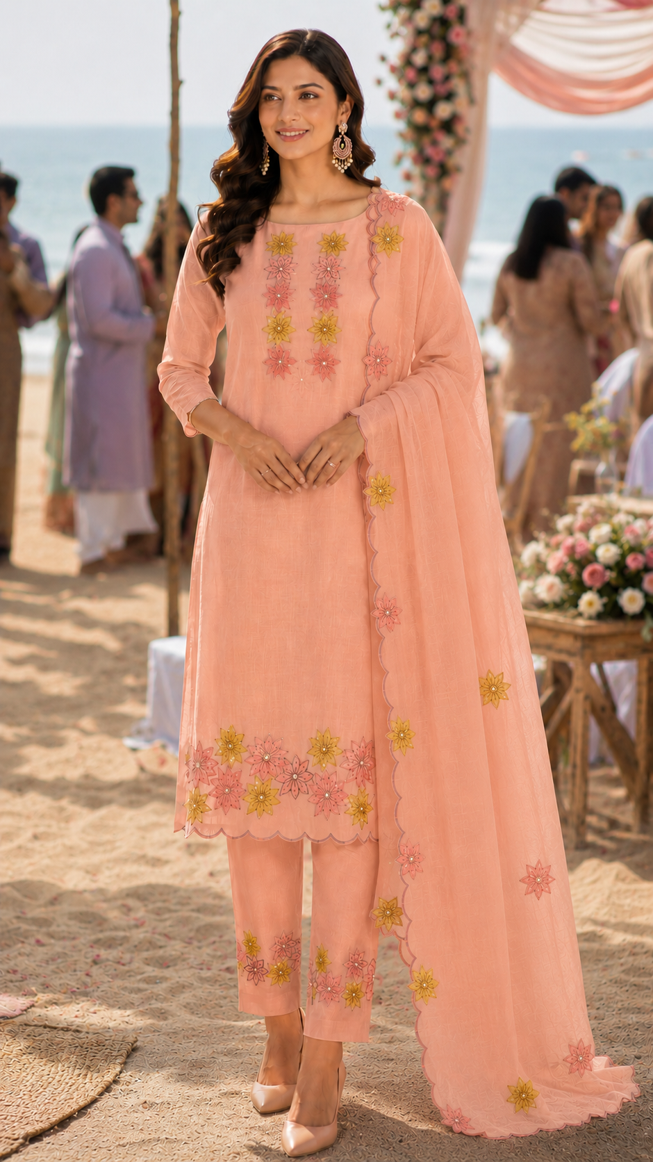 Peach Applique Mulmul Semi Stitched Suit