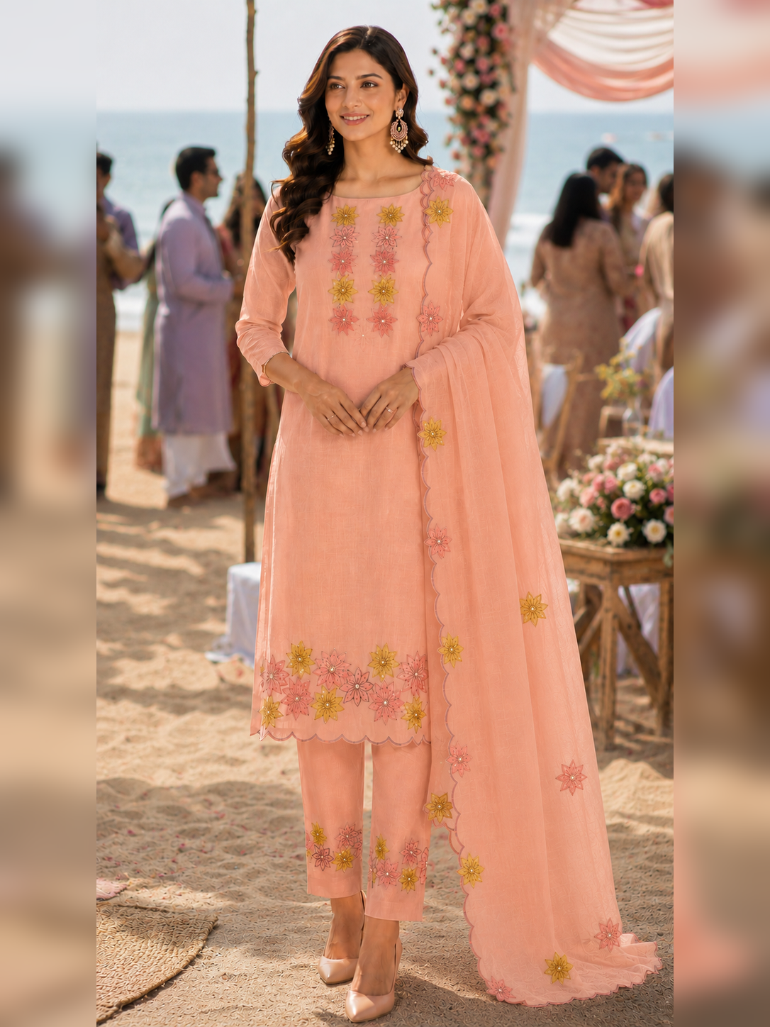 Peach Applique Mulmul Semi Stitched Suit