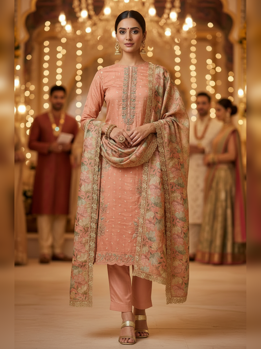 Peach Banarasi Butti Semi Stitched Suit