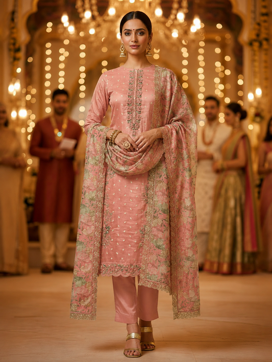 Pink Banarasi Butti Semi Stitched Suit