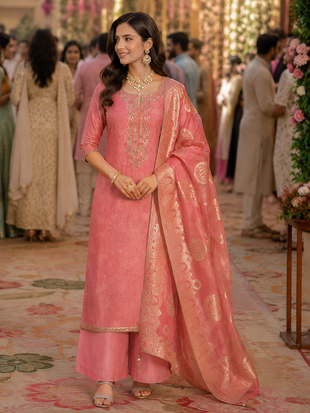 Pink Shimmer Banarasi Semi Stitched Suit