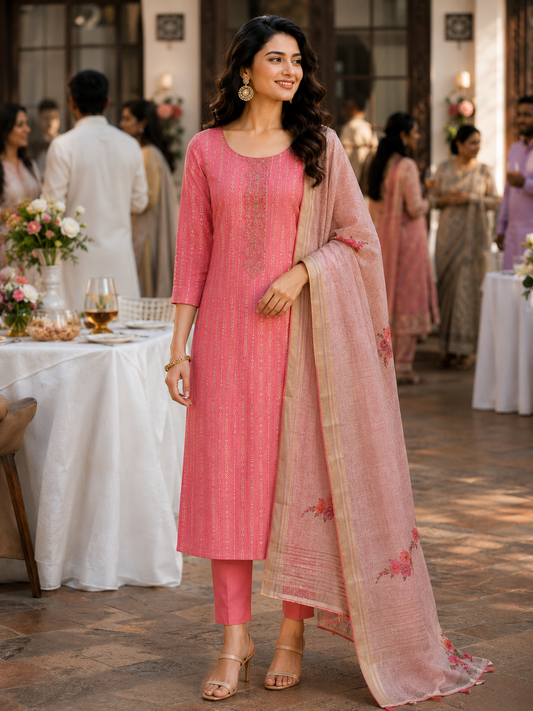 Pink Embroidered Cotton Unstitched Suit