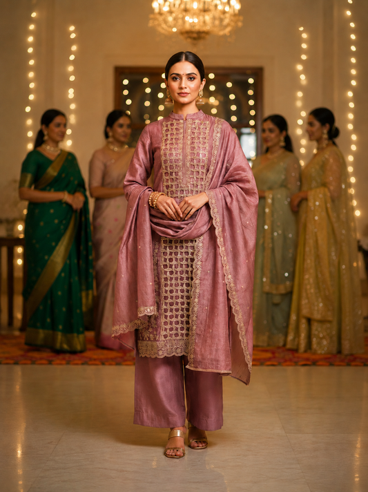 Pink Embellished Crackle Semi Stitched Suit