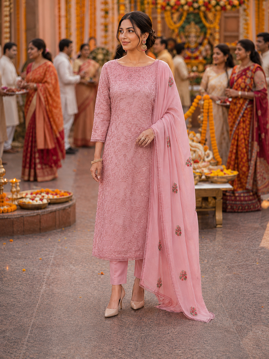 Pink Georgette Semi Stitched Suit