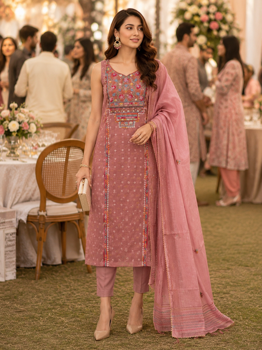 Pink Knot Chanderi Semi Stitched Suit