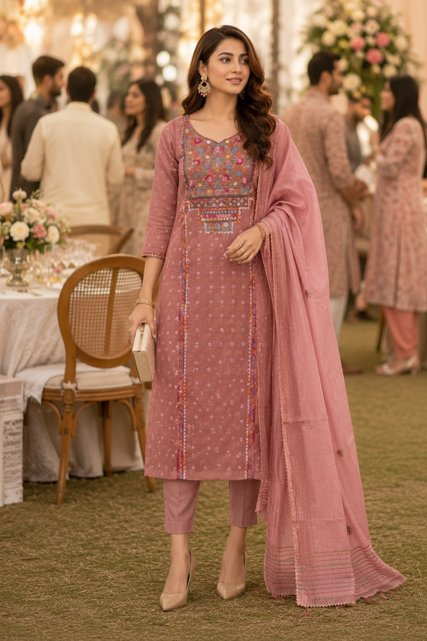 Pink Knot Chanderi Semi Stitched Suit