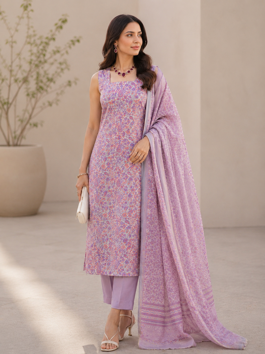 Beige Maheshwari Silk Unstitched Suit